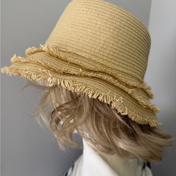 Scala Frayed-Brim Straw Tiki Bucket Hat in Natural Beige main image 11